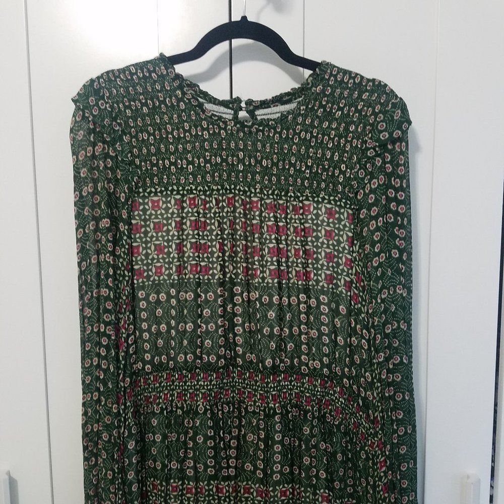 Anthropologie Green Floral Long-Sleeve Smocked Midi Dress - Picture 6 of 10